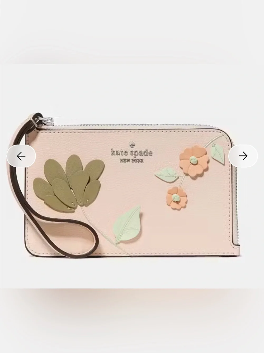 kate spade pale pink floral wristlet with green and peach appliqué